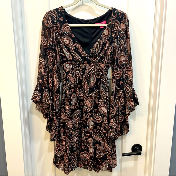 Betsey Johnson Women’s Paisley Print Black Pink Ruffle Bohemian Tie Dress Size 6 - Picture 1 of 13
